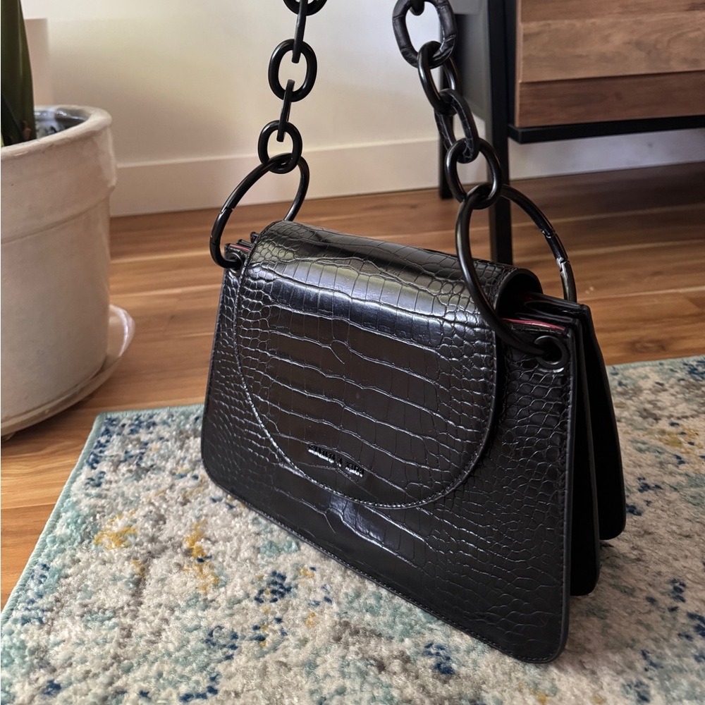 Charles & Keith Black Croc-Embossed Chain Handle Crossbody Bag